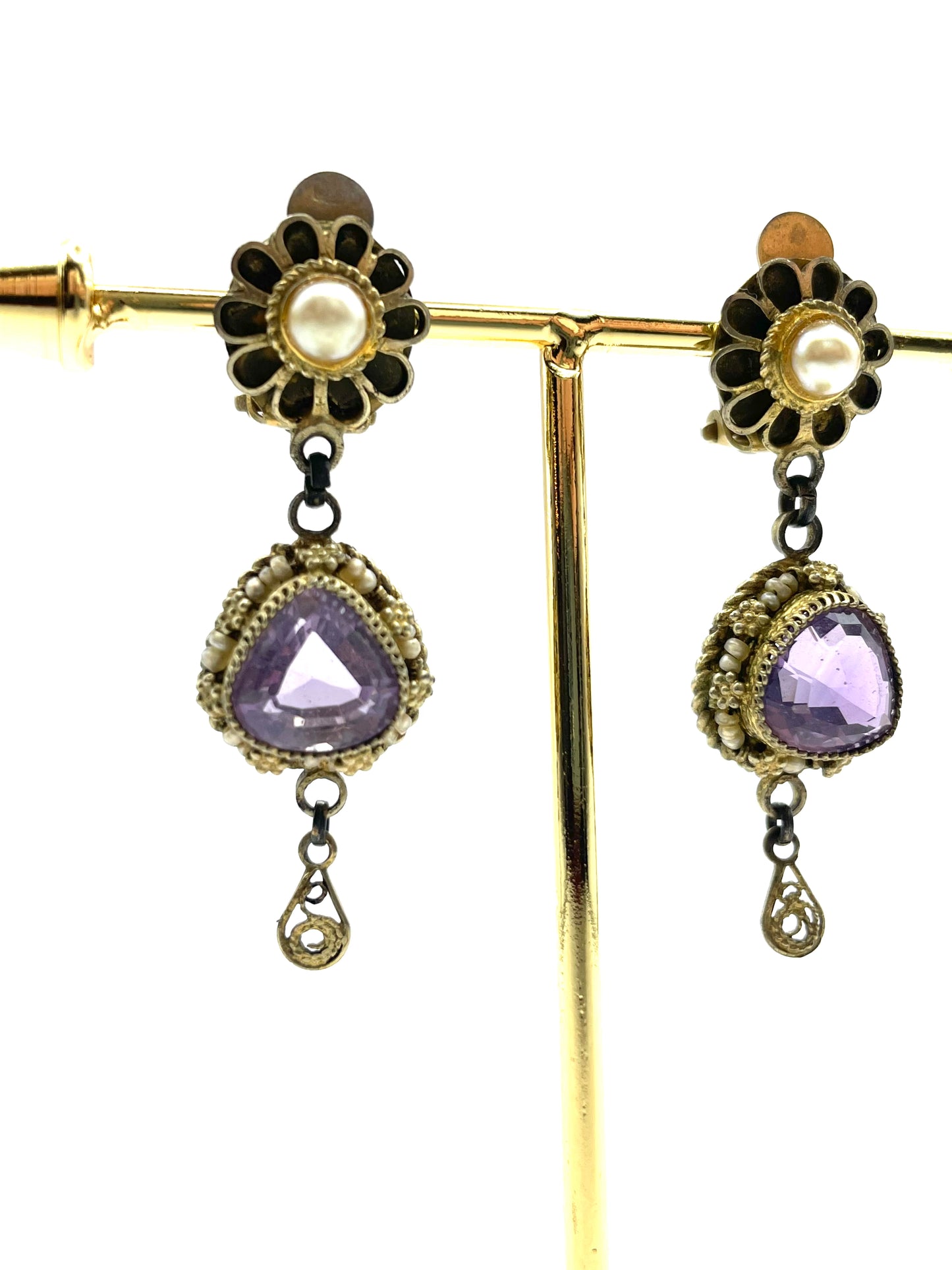 Vintage signed 'Israel 935' Silver Filigree, Purple Rhinestone and Pearls Teardrop Clip On Earrings