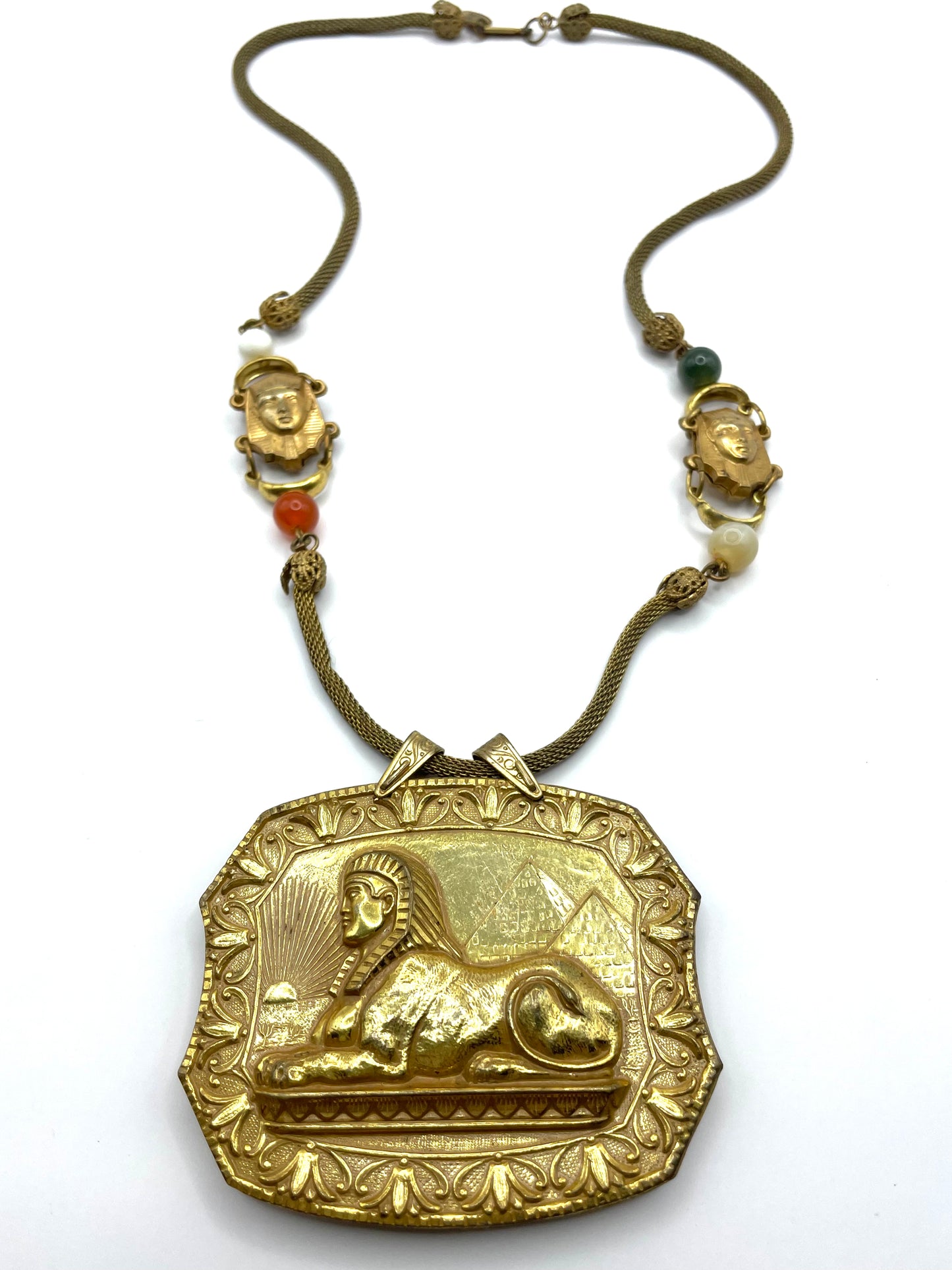 Miriam Haskell Egyptian Revival Sphinx Pharoah Pendant Necklace 1970's