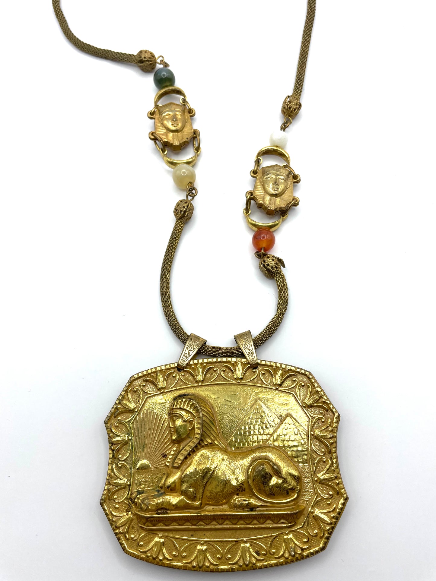 Miriam Haskell Egyptian Revival Sphinx Pharoah Pendant Necklace 1970's