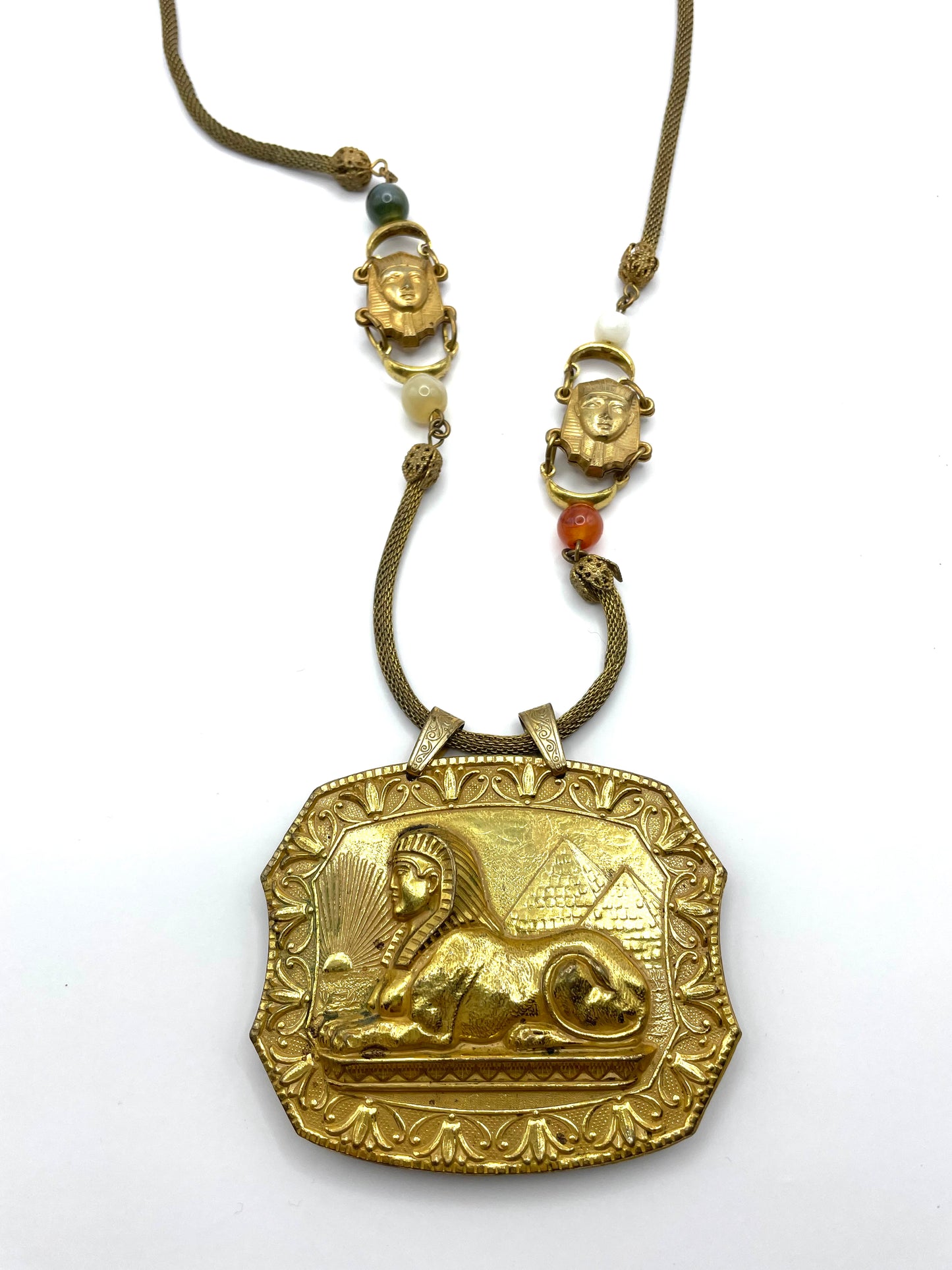 Miriam Haskell Egyptian Revival Sphinx Pharoah Pendant Necklace 1970's