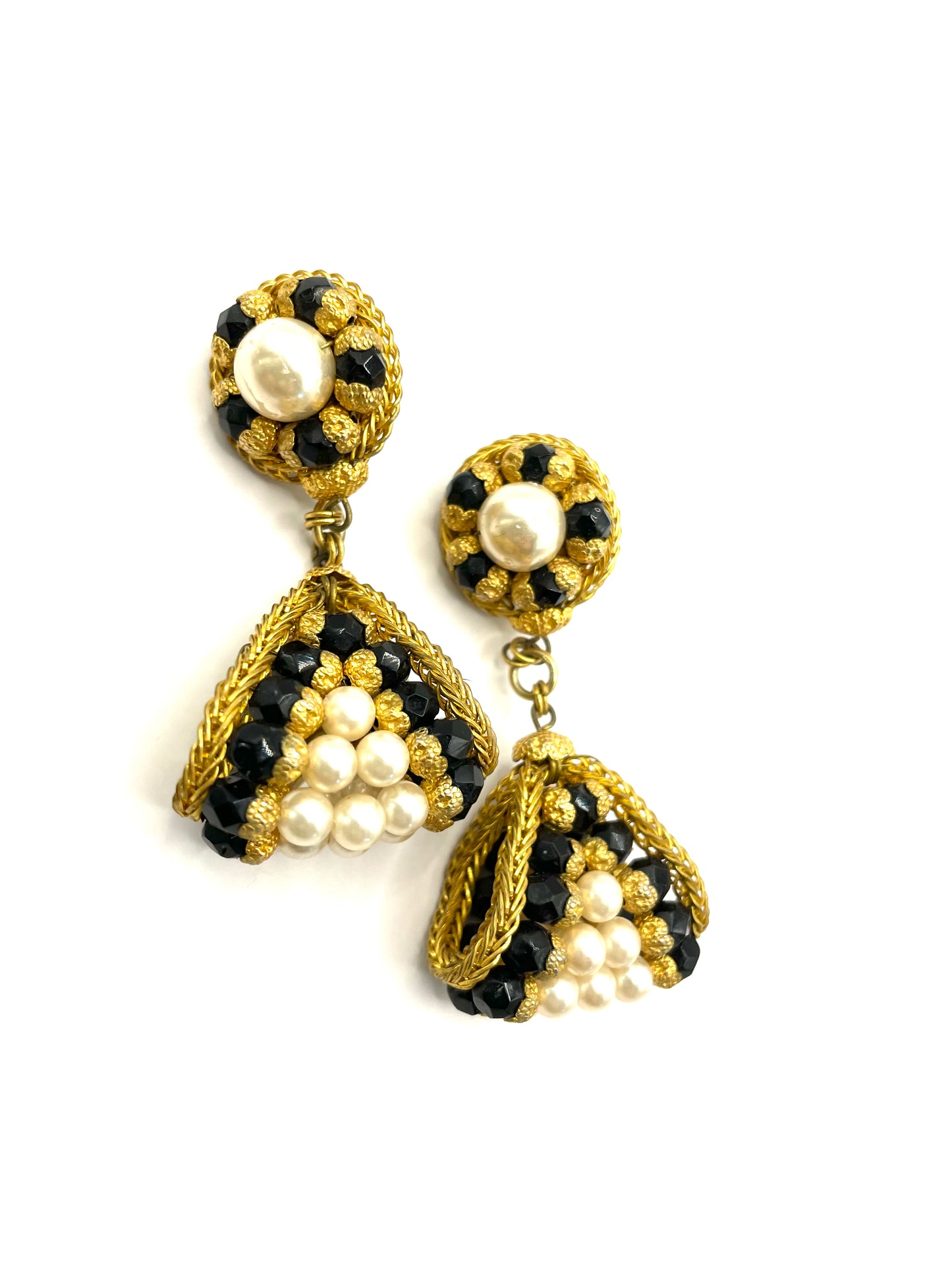 Vintage Filigree GP Pearl and Black Bead Dangle Clip-on Earrings