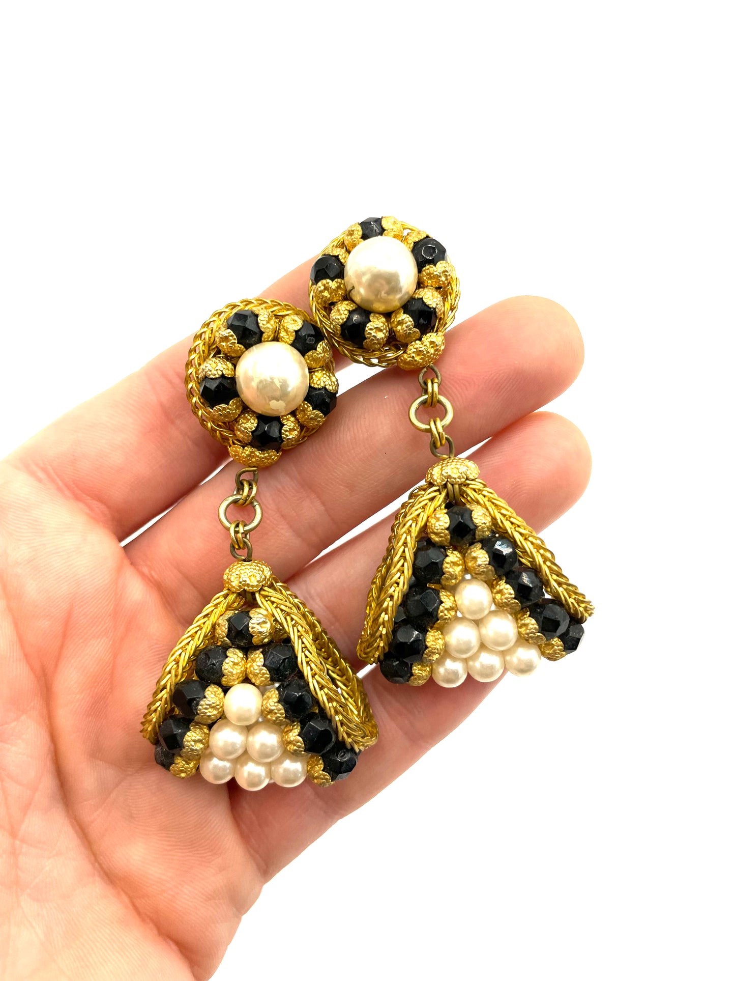 Vintage Filigree GP Pearl and Black Bead Dangle Clip-on Earrings