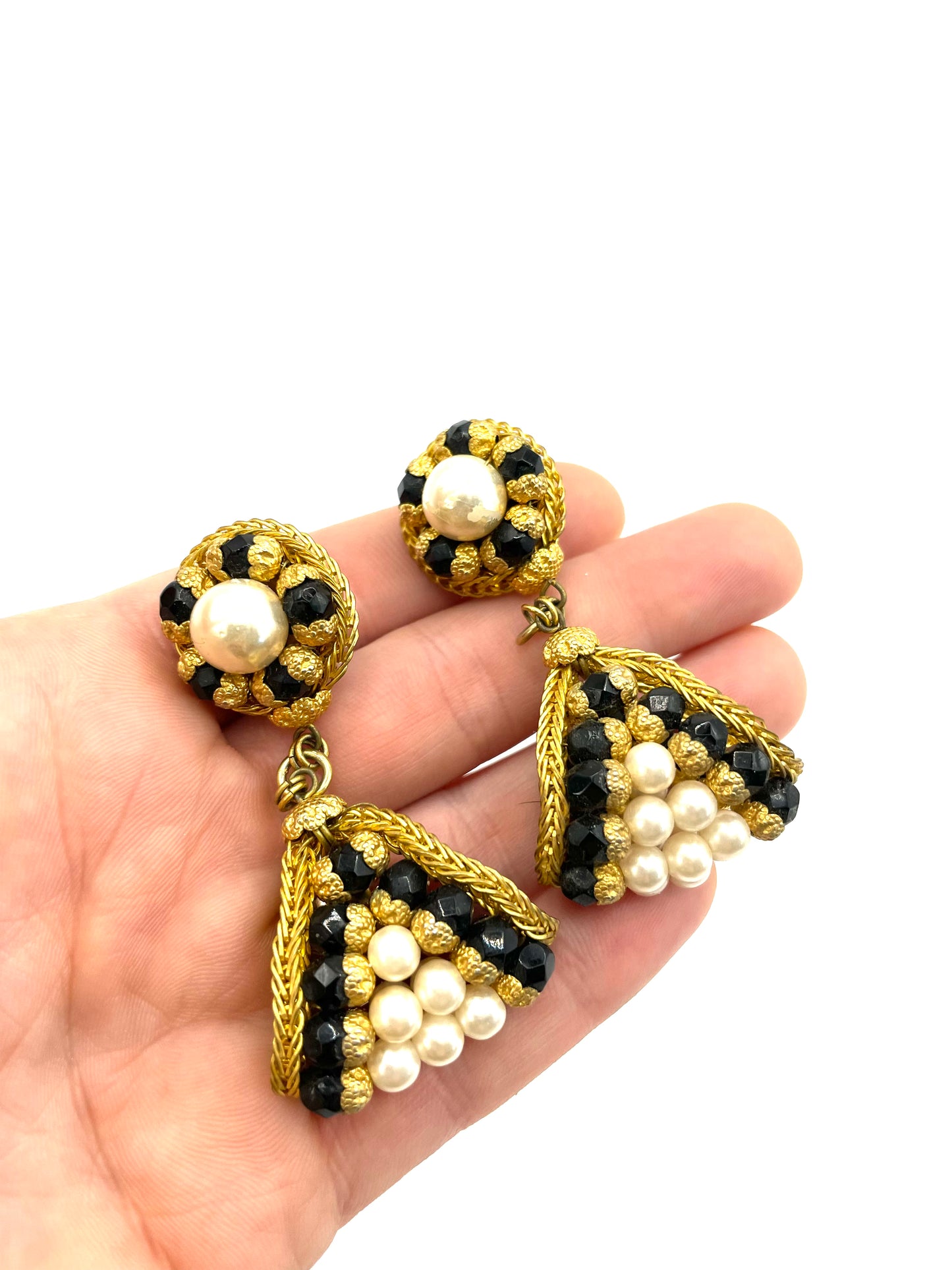 Vintage Filigree GP Pearl and Black Bead Dangle Clip-on Earrings