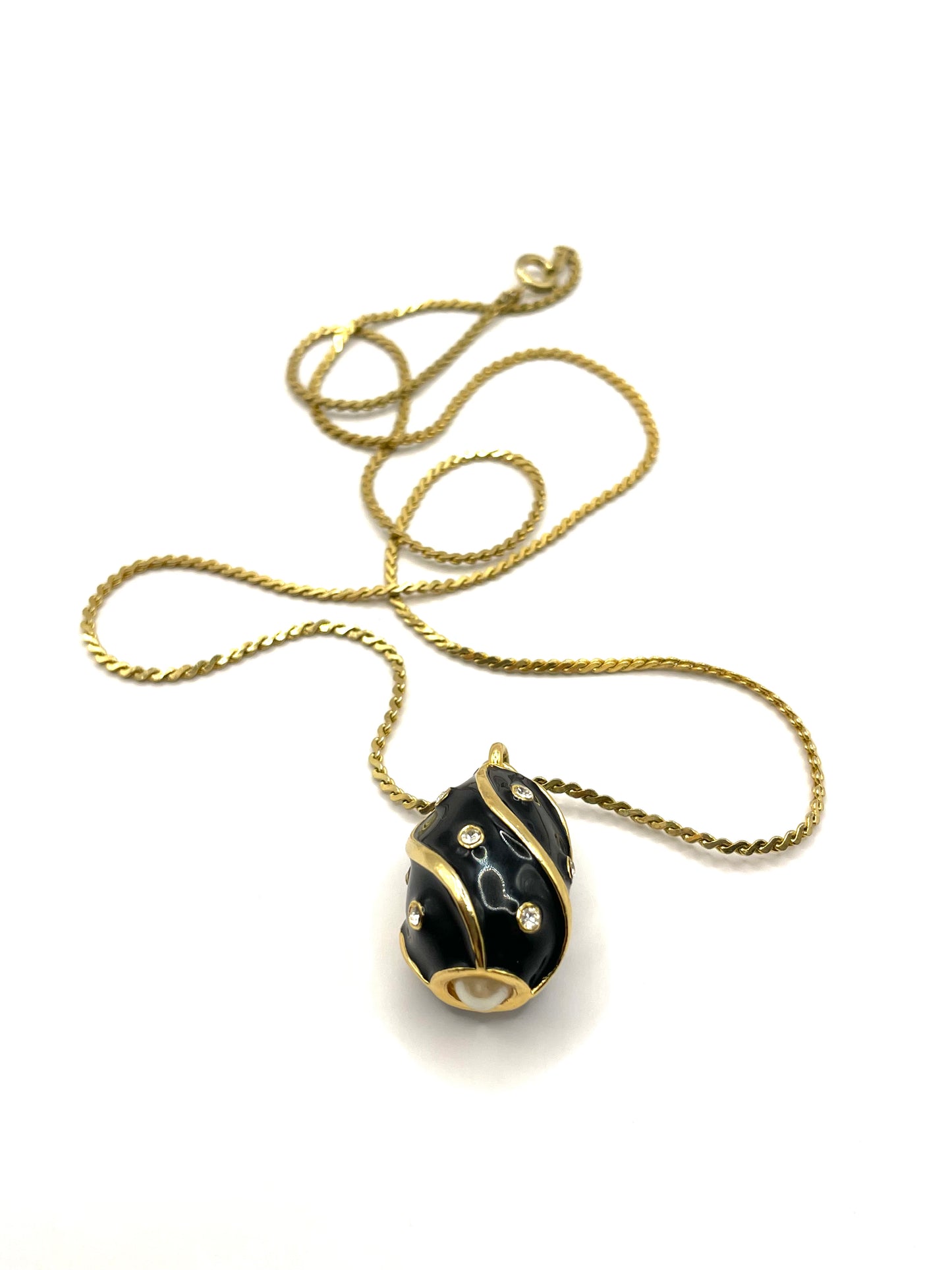 Vintage Egg Shape Enamel Rhinestone Pearl Pendant Necklace