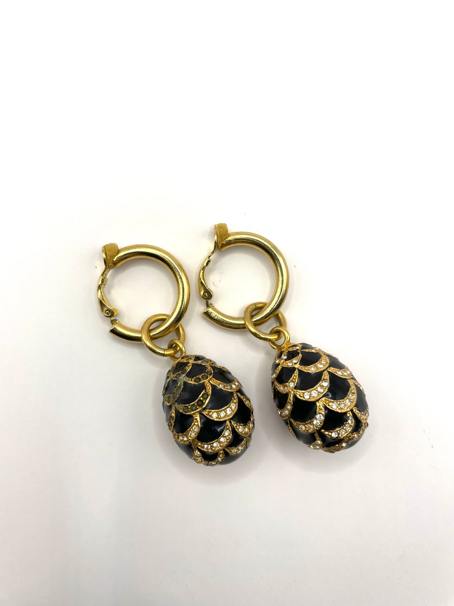 Vintage Faberge Egg Black Enamel Clear Rhinestone Dangle Clip on Earrings