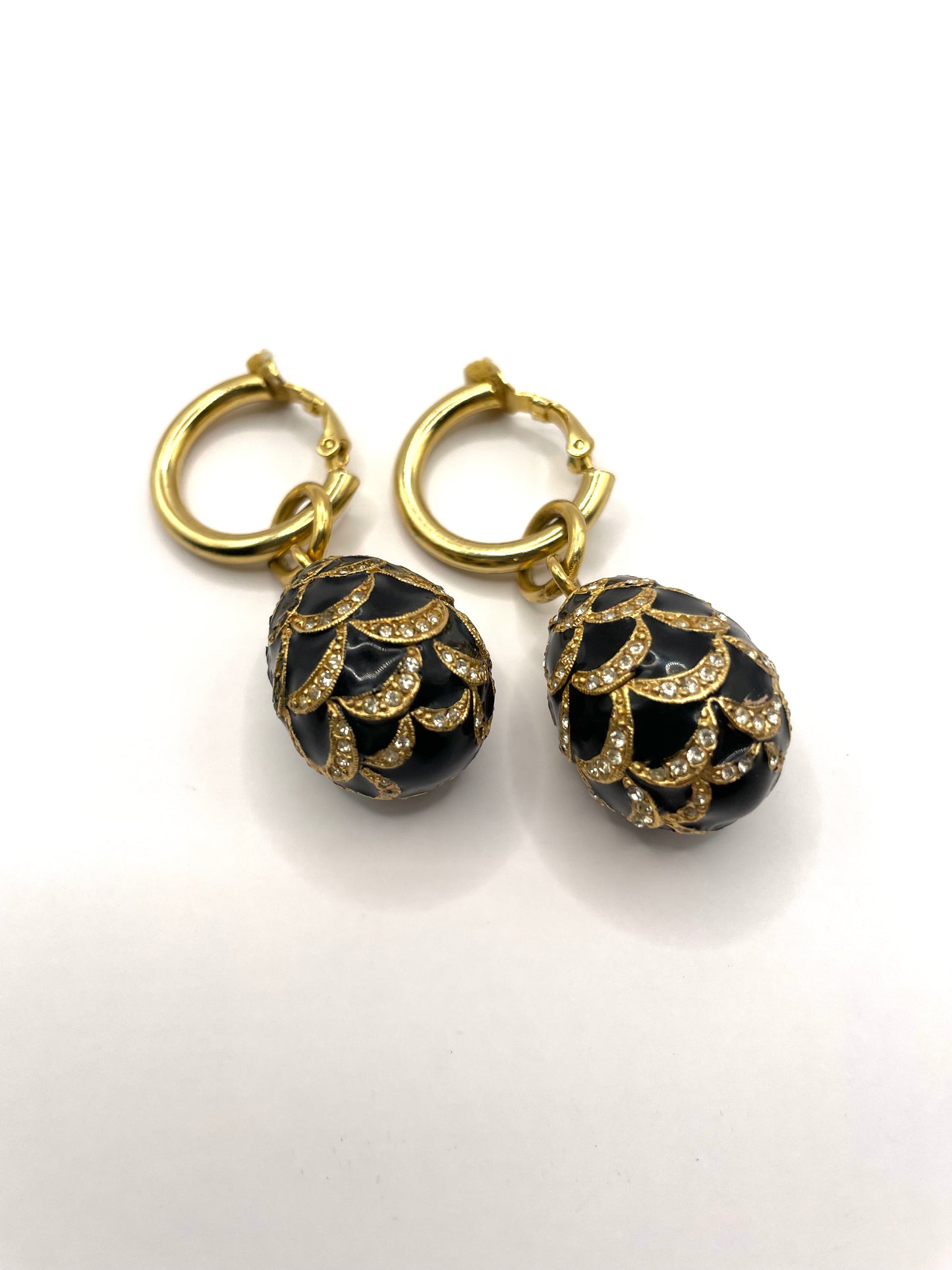 Vintage Faberge Egg Black Enamel Clear Rhinestone Dangle Clip on Earrings