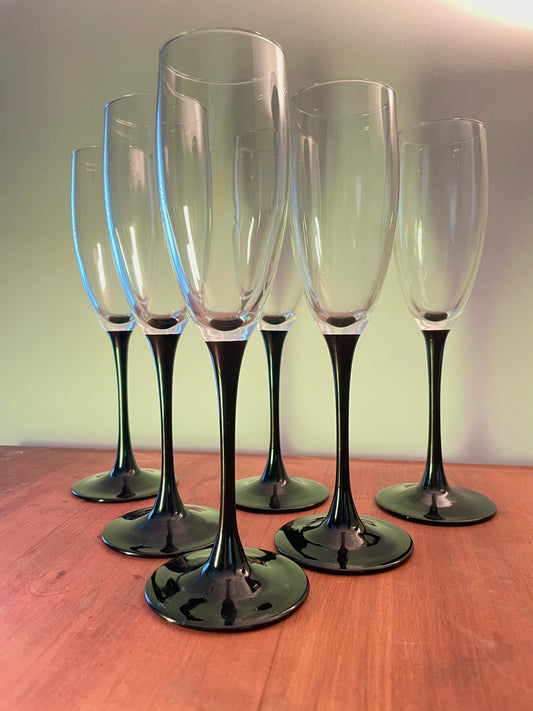 Vintage MCM Luminare Black Stem Champagne Flute Glass set of 6 Made in France