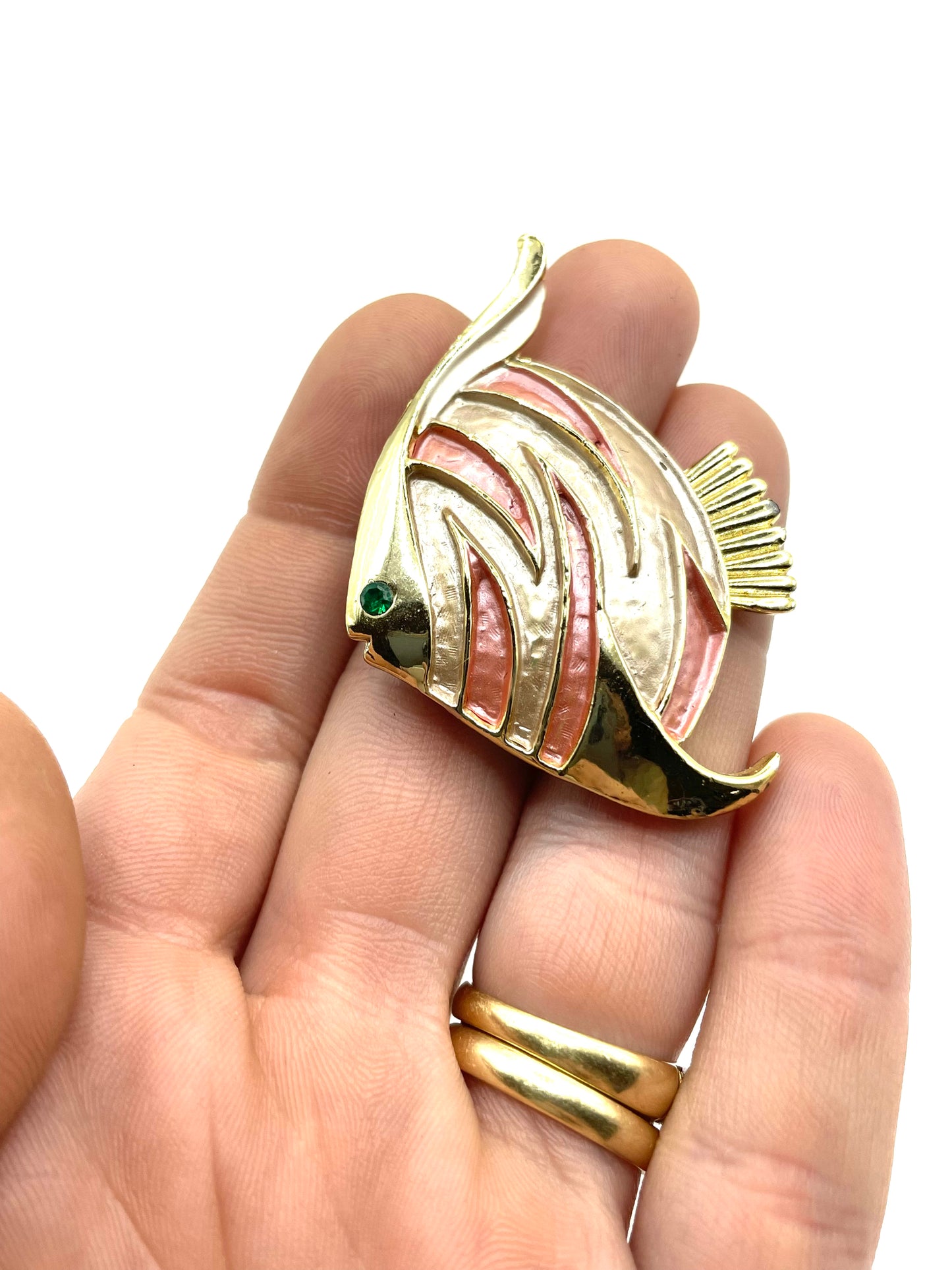 Vintage Gold Tone Pink Enamel Angel Fish with Rhinestone Brooch Pin