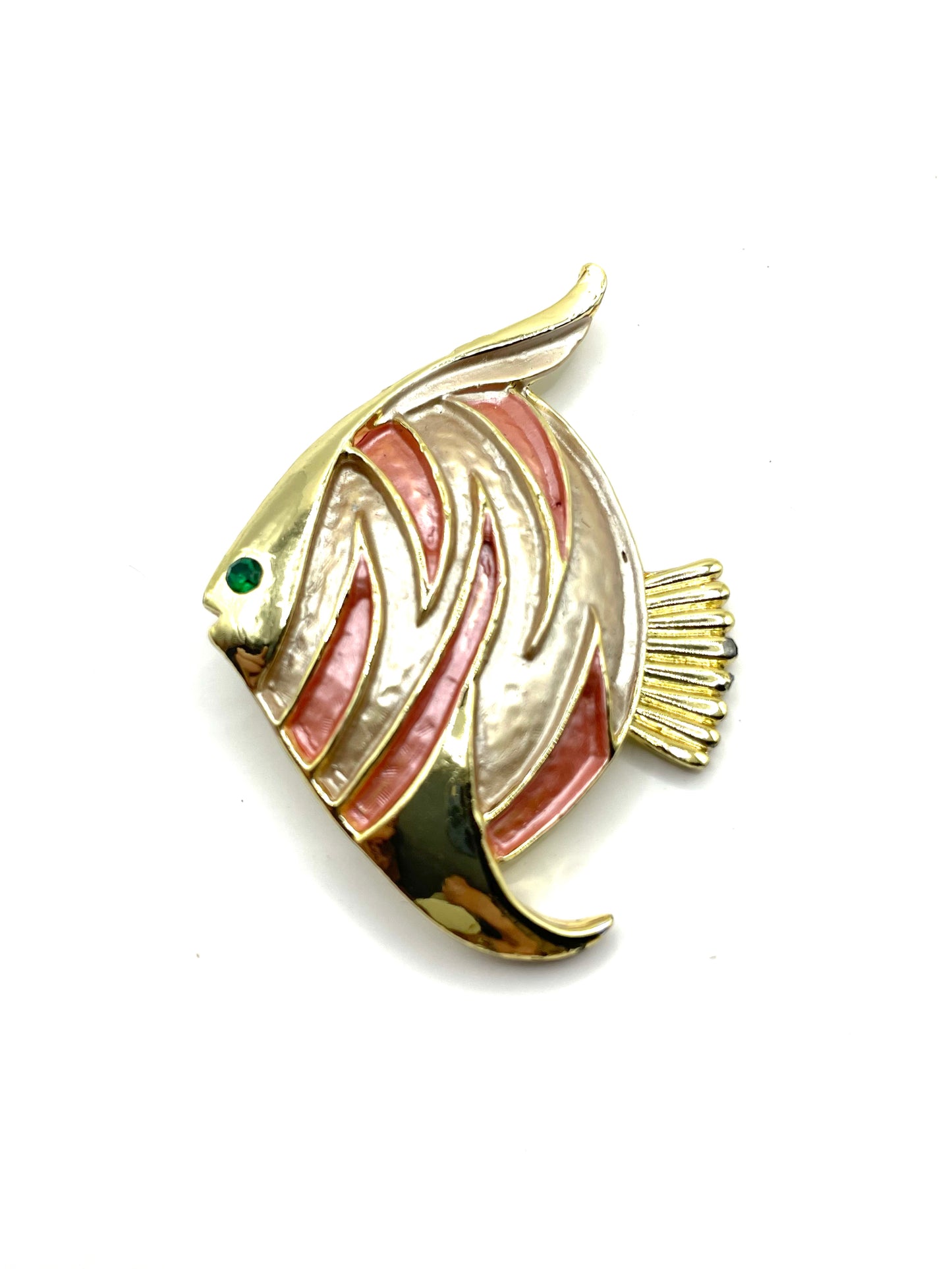 Vintage Gold Tone Pink Enamel Angel Fish with Rhinestone Brooch Pin