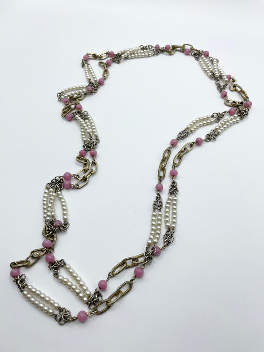 Vintage 30" long Pearls and Pink Beads Chain Necklace