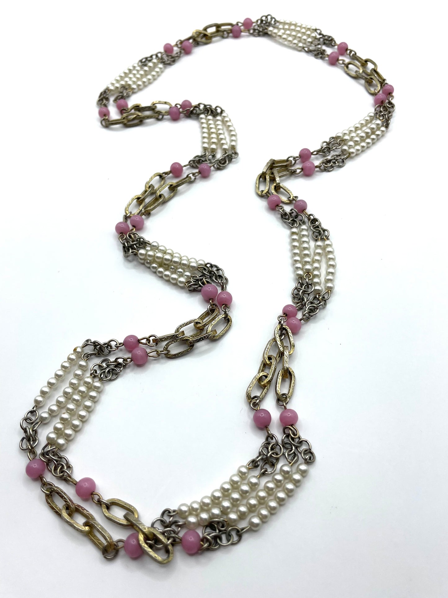 Vintage 30" long Pearls and Pink Beads Chain Necklace