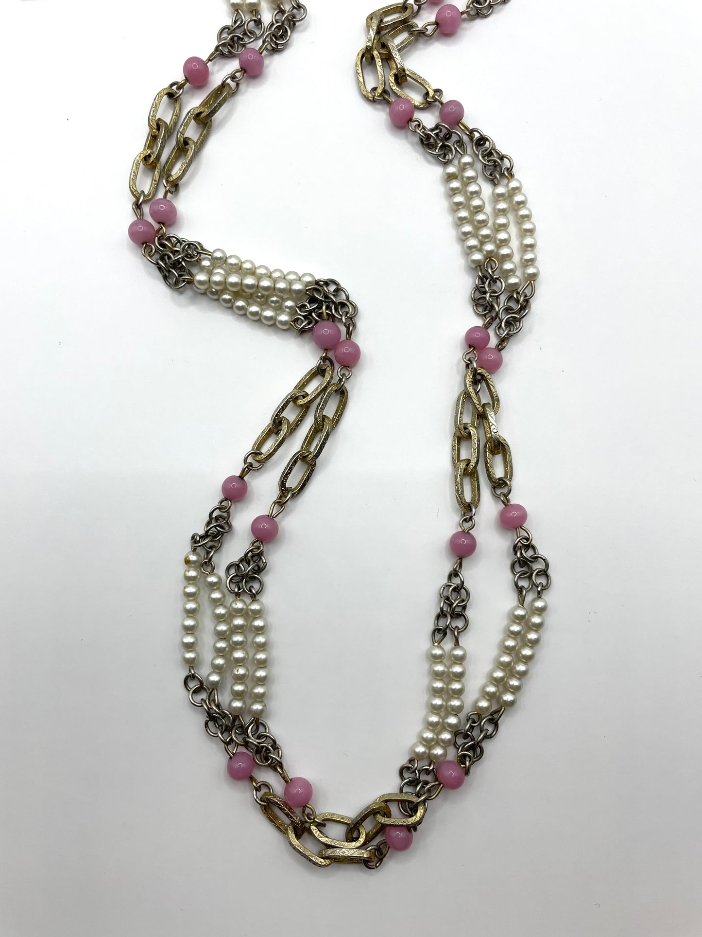 Vintage 30" long Pearls and Pink Beads Chain Necklace