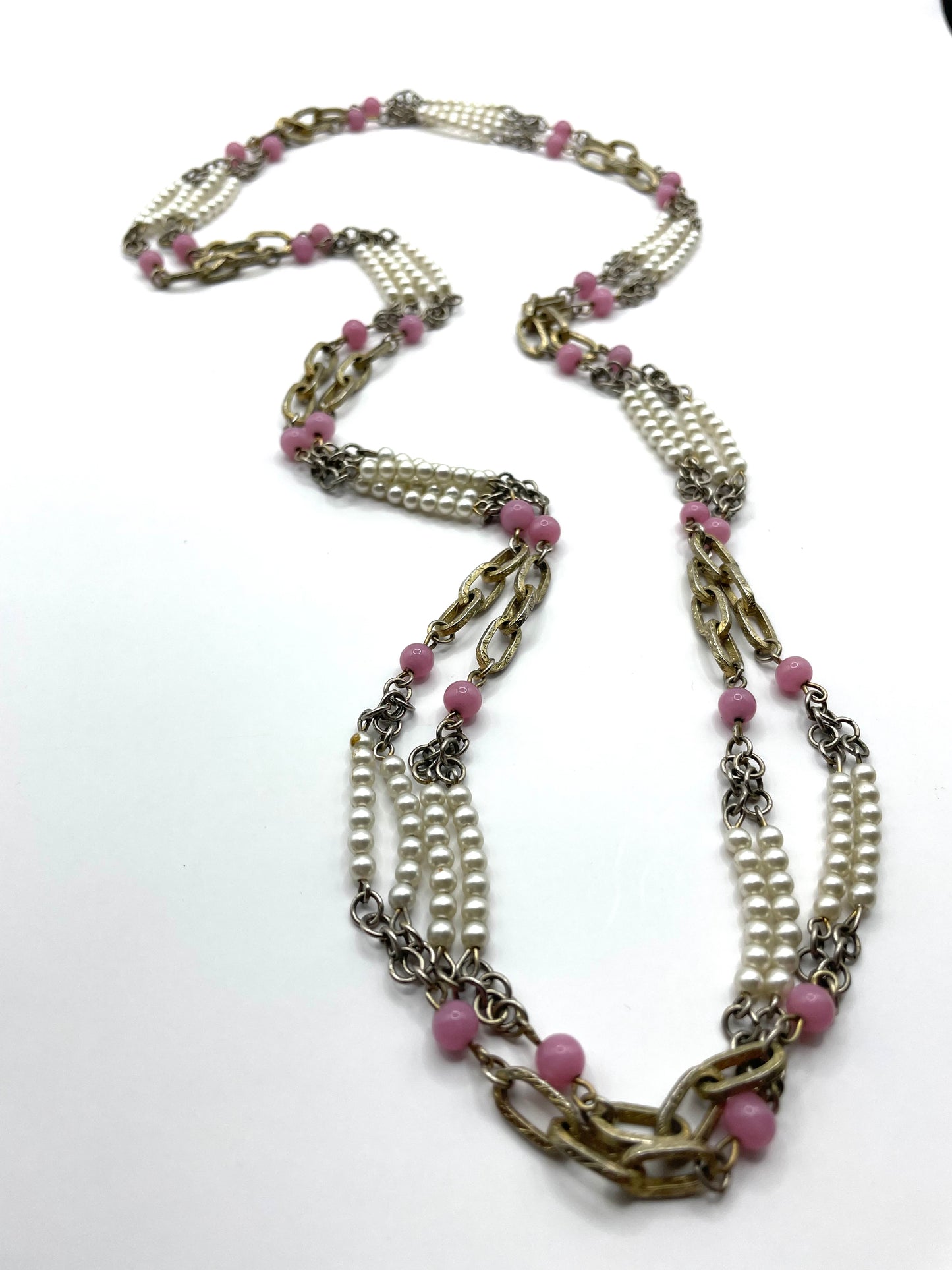 Vintage 30" long Pearls and Pink Beads Chain Necklace