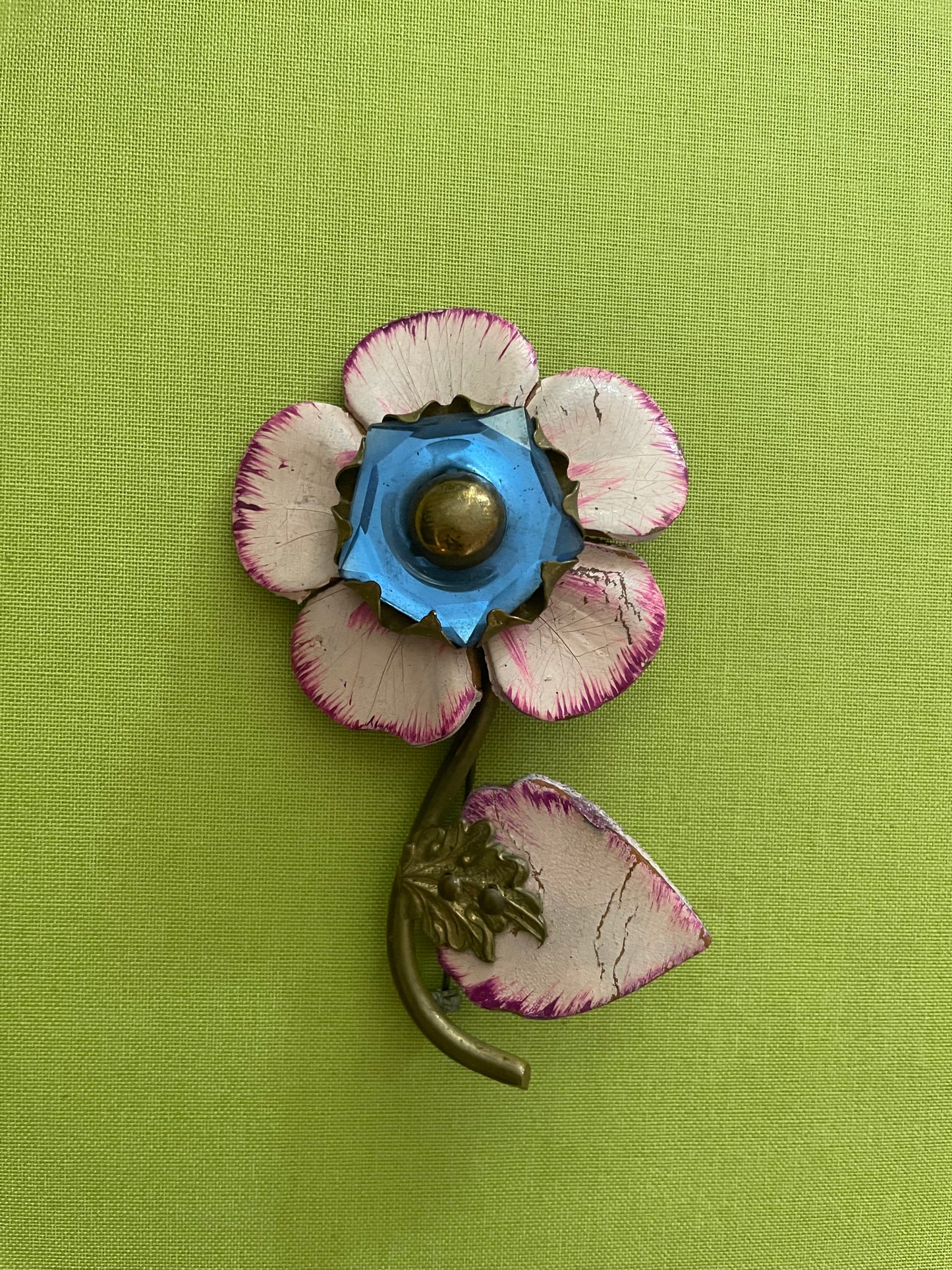 Vintage Hand Painted on Leather, Blue Glass Gold Tone Brooch from 1950s