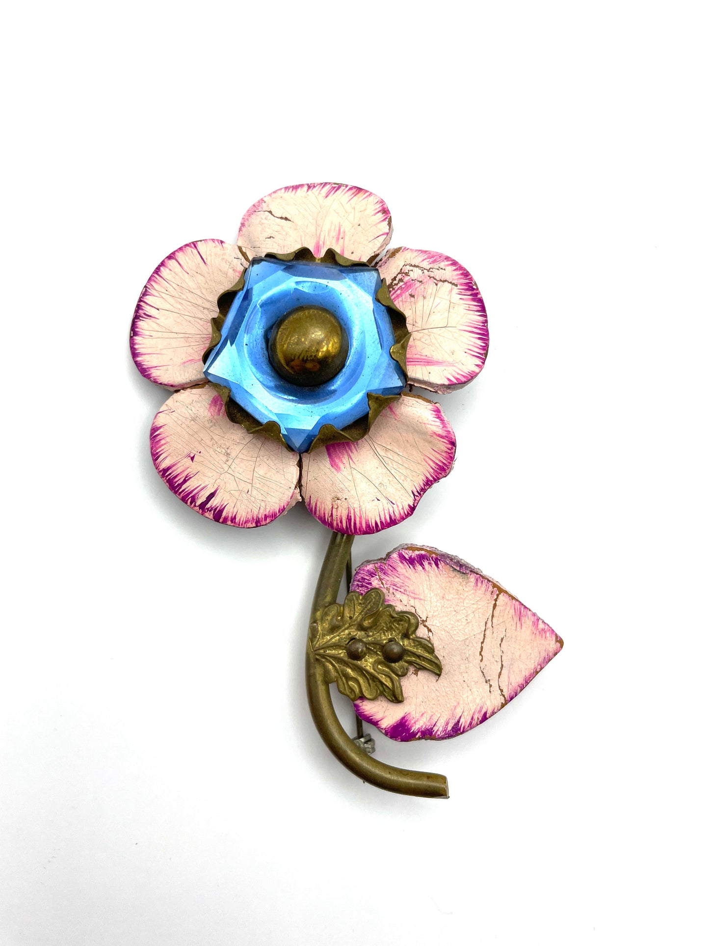 Vintage Hand Painted on Leather, Blue Glass Gold Tone Brooch from 1950s