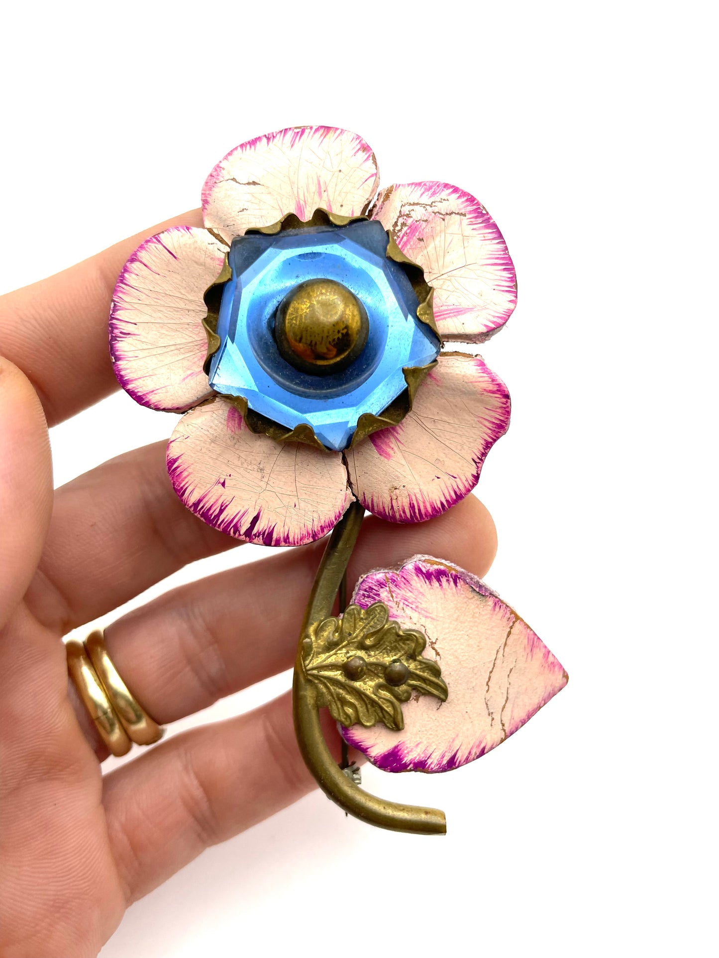 Vintage Hand Painted on Leather, Blue Glass Gold Tone Brooch from 1950s