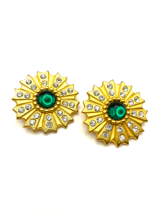 Vintage David Dubin NR Gold Tone Green Lucite Cabachon Rhinestones Clip On Earrings