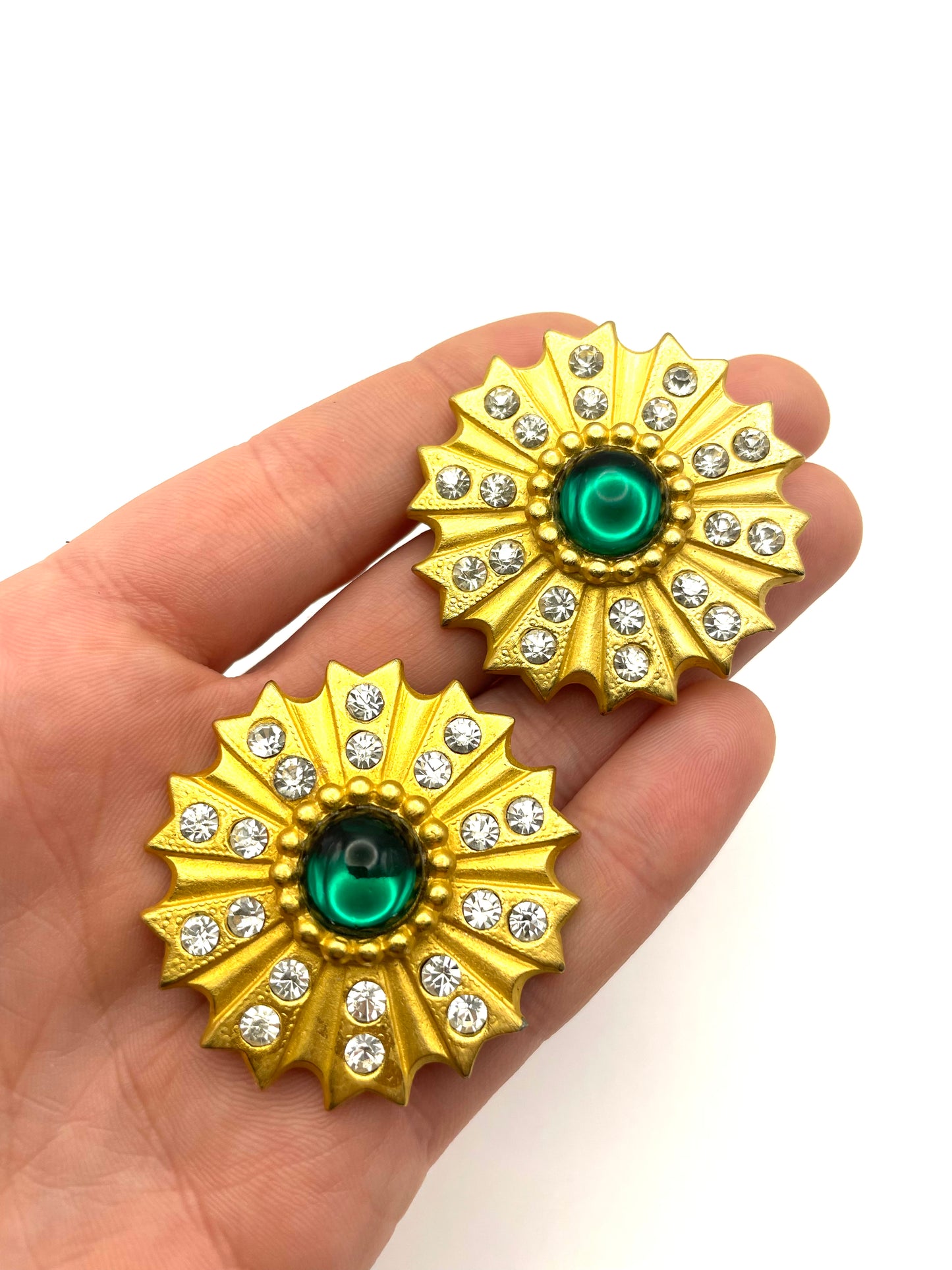 Vintage David Dubin NR Gold Tone Green Lucite Cabachon Rhinestones Clip On Earrings