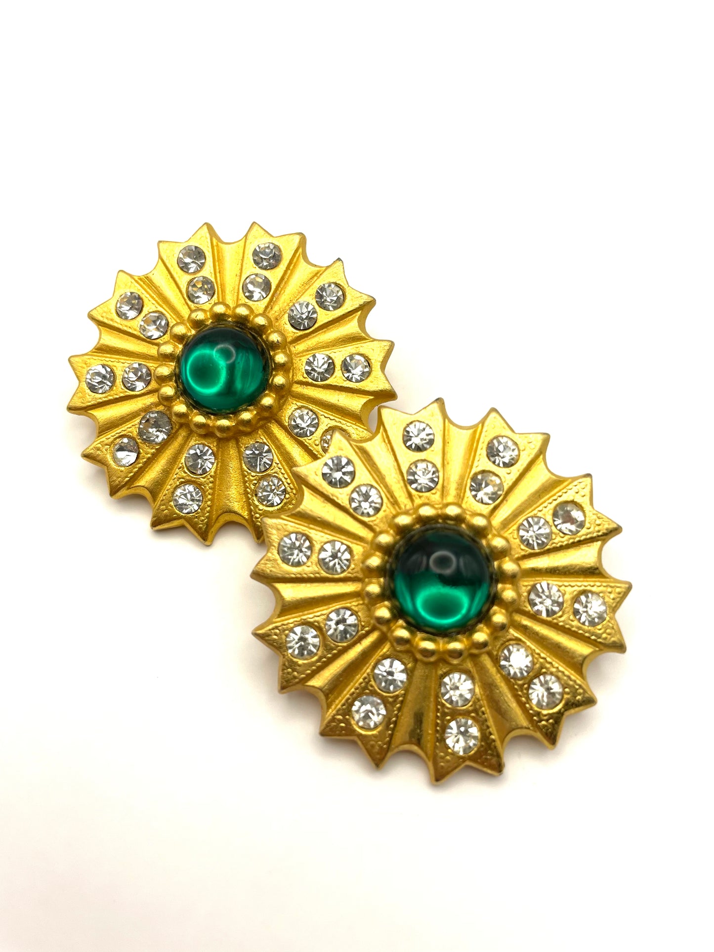 Vintage David Dubin NR Gold Tone Green Lucite Cabachon Rhinestones Clip On Earrings